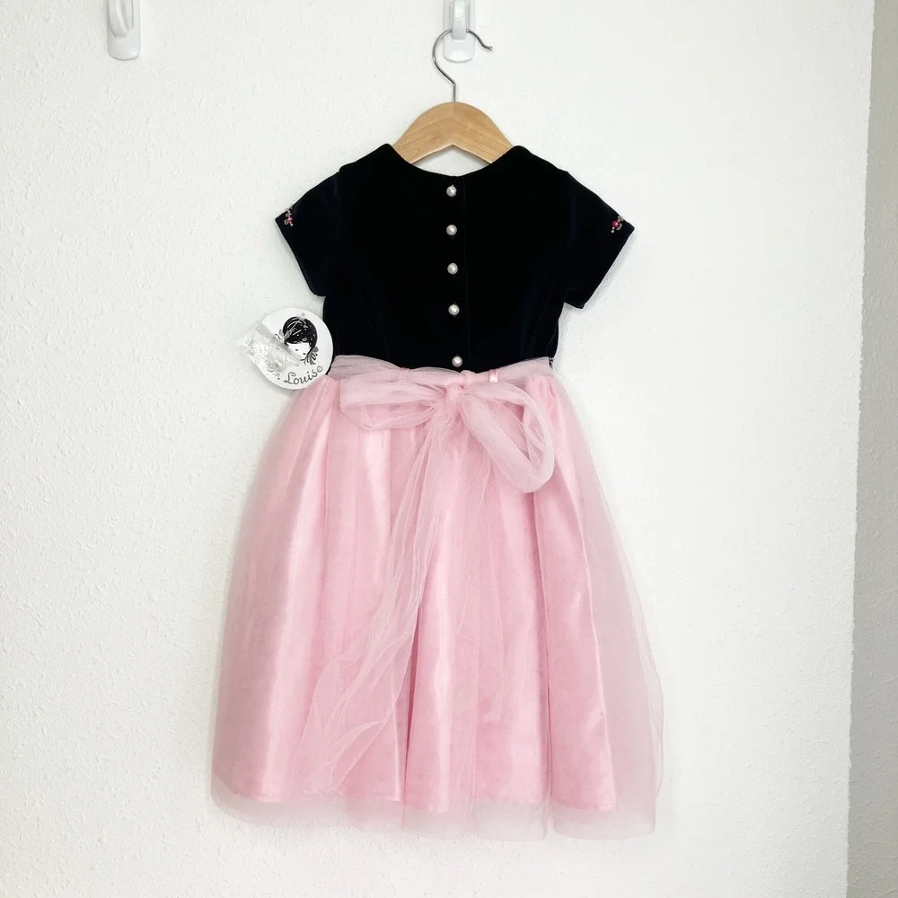 NWT Sarah Louise England Girls Dress Embroidered Navy Velvet Pink Tulle 2 yrs - Picture 2 of 14